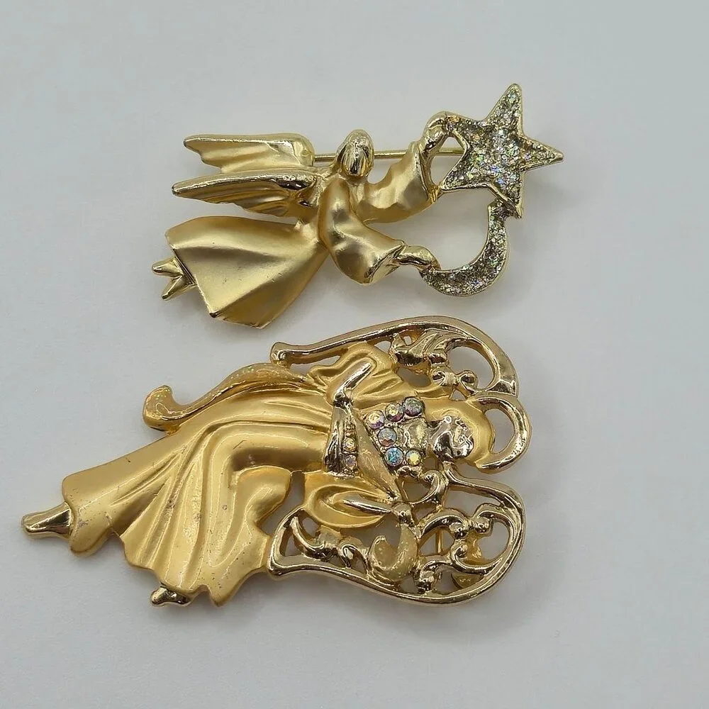 Festive Joy Holiday Gold Tone Angels Religious Faith Christian Brooch Pins‎ 2PC
